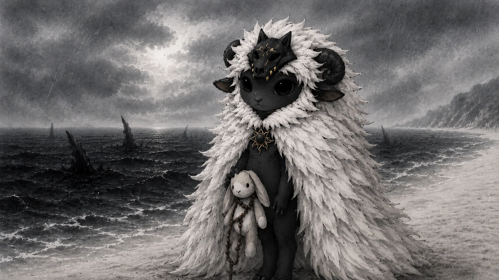 A black sheep wears a wolf skull and pale feather cloak, holding a toy rabbit beside a dark sea under rain clouds.